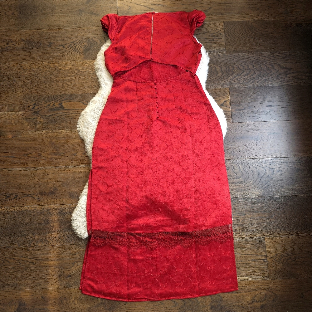 Free People Foolish Heart Bow-Pattern Lace Red Midi Dress - Picture 12 of 13